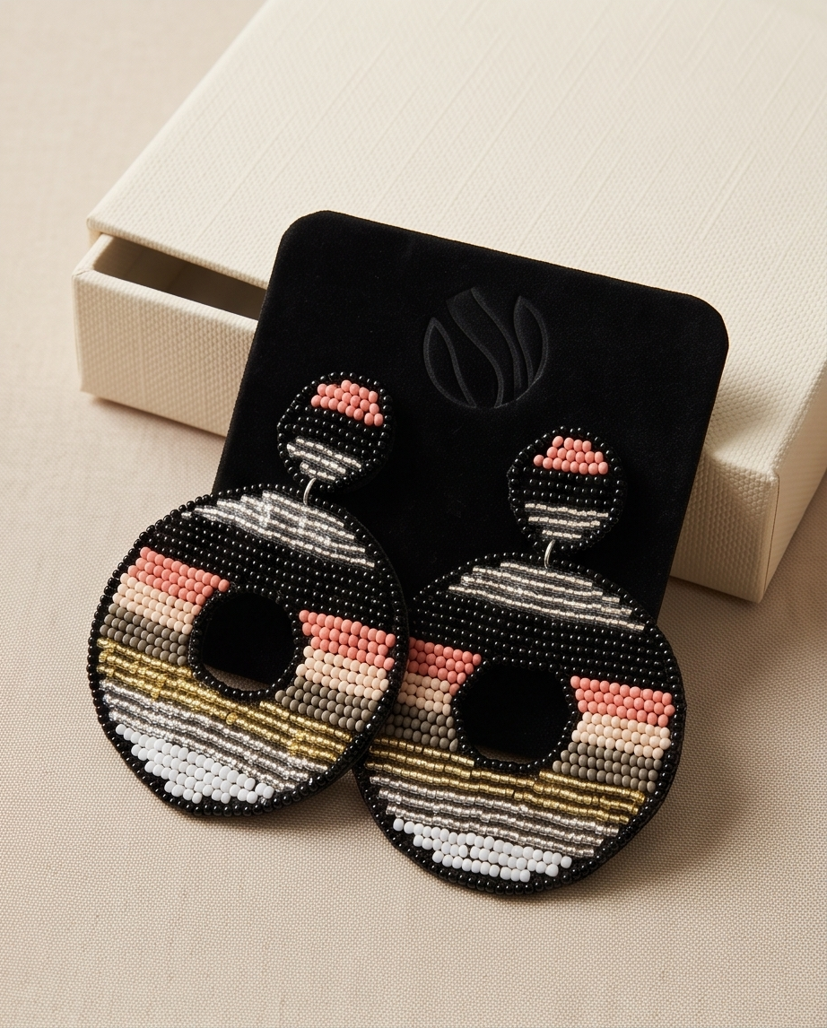 Pink and Black beaded striped earrings
