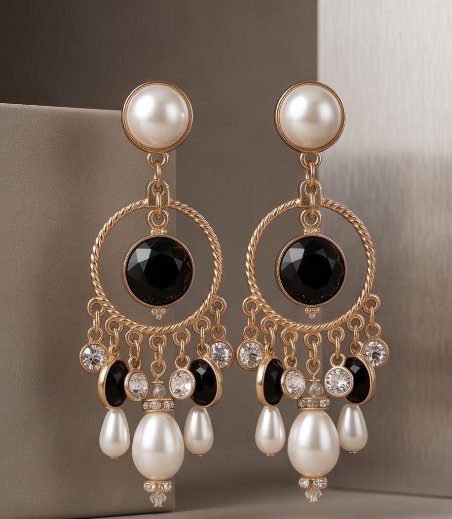 Onyx and Pearl Drop Earrings